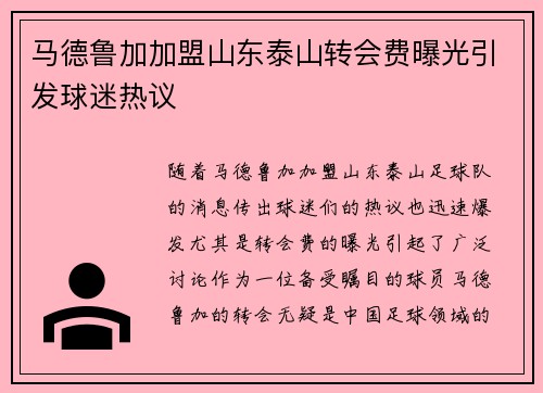 马德鲁加加盟山东泰山转会费曝光引发球迷热议