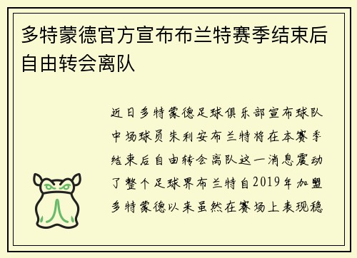 多特蒙德官方宣布布兰特赛季结束后自由转会离队